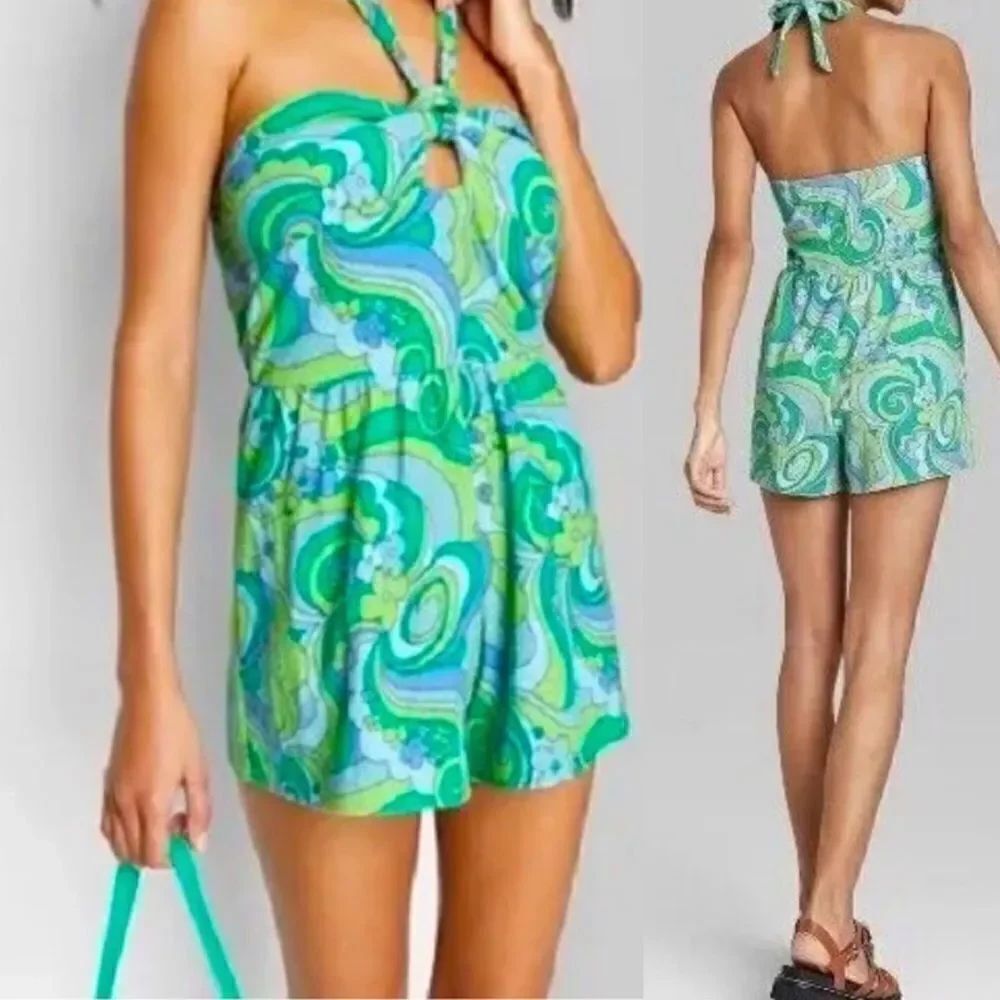 3For$20 Wild Fable Blue Swirl Neck Tie Terry Cloth Towel Romper size Medium